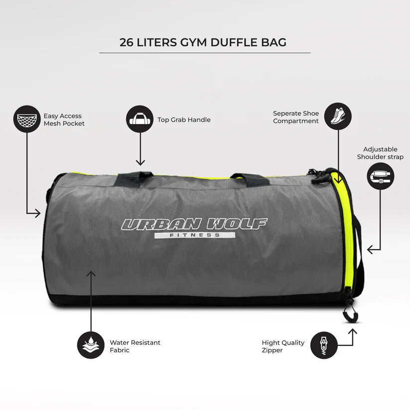26L Gym Duffle Bag | Unisex Grey & Green Zipper | Separate Shoe Compartment | Quick Access Pocket | Durable Polyester | Multi-Functional Sports & Travel Bag | Dimensions 49x23x23 cm