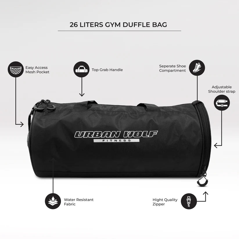 26L Gym Duffle Bag | Unisex Black | Separate Shoe Compartment | Quick Access Pocket | Durable Polyester | Multi-Functional Sports & Travel Bag | Dimensions 49x23x23 cm