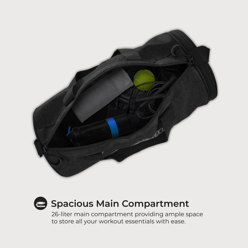 26L Gym Duffle Bag | Unisex Black | Separate Shoe Compartment | Quick Access Pocket | Durable Polyester | Multi-Functional Sports & Travel Bag | Dimensions 49x23x23 cm