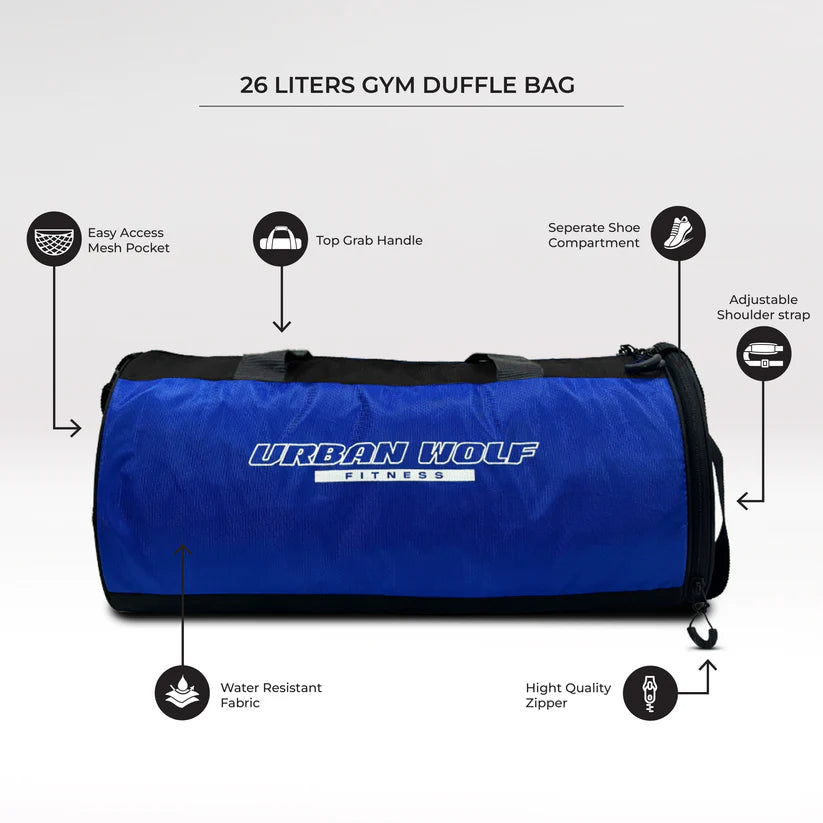26L Gym Duffle Bag | Unisex Blue & Black | Separate Shoe Compartment | Quick Access Pocket | Durable Polyester | Multi-Functional Sports & Travel Bag | Dimensions 49x23x23 cm