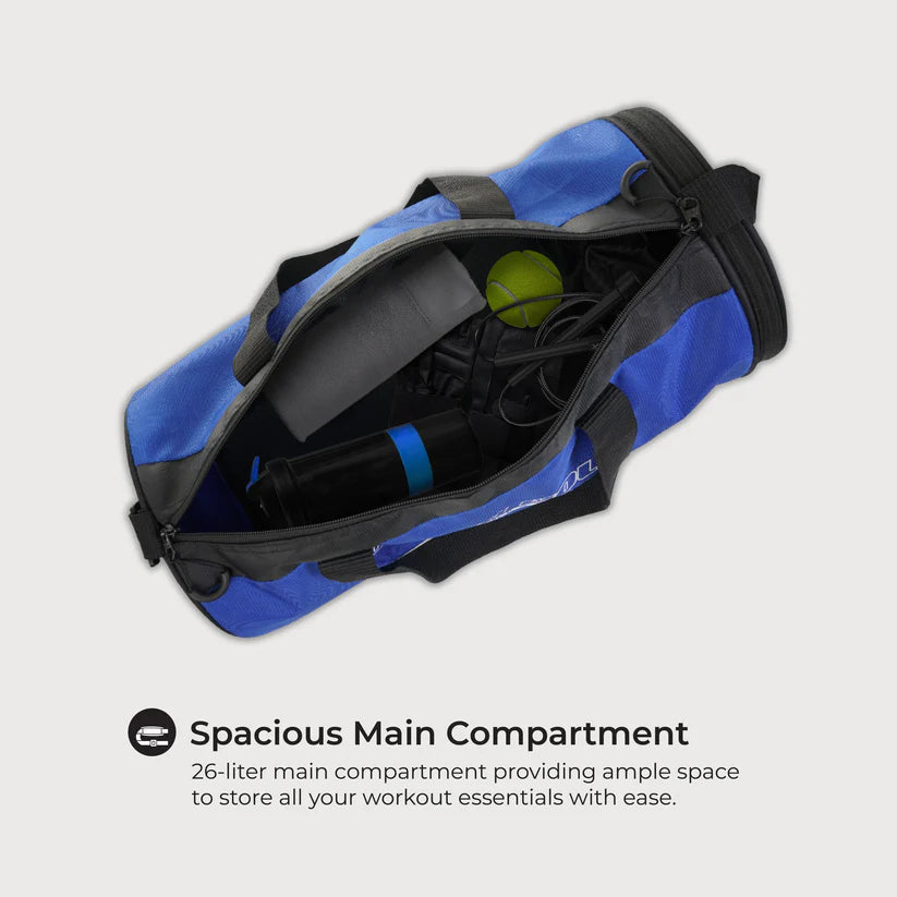 26L Gym Duffle Bag | Unisex Blue & Black | Separate Shoe Compartment | Quick Access Pocket | Durable Polyester | Multi-Functional Sports & Travel Bag | Dimensions 49x23x23 cm