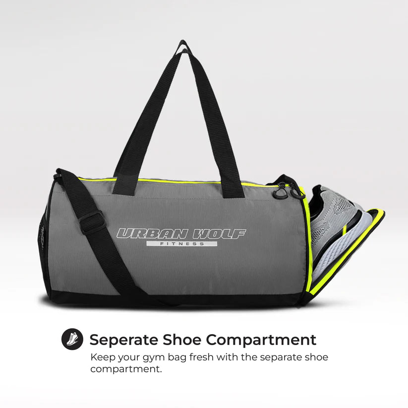 26L Gym Duffle Bag | Unisex Grey & Green Zipper | Separate Shoe Compartment | Quick Access Pocket | Durable Polyester | Multi-Functional Sports & Travel Bag | Dimensions 49x23x23 cm