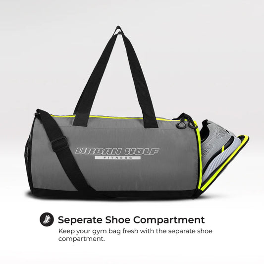 26L Gym Duffle Bag | Unisex Grey & Green Zipper | Separate Shoe Compartment | Quick Access Pocket | Durable Polyester | Multi-Functional Sports & Travel Bag | Dimensions 49x23x23 cm