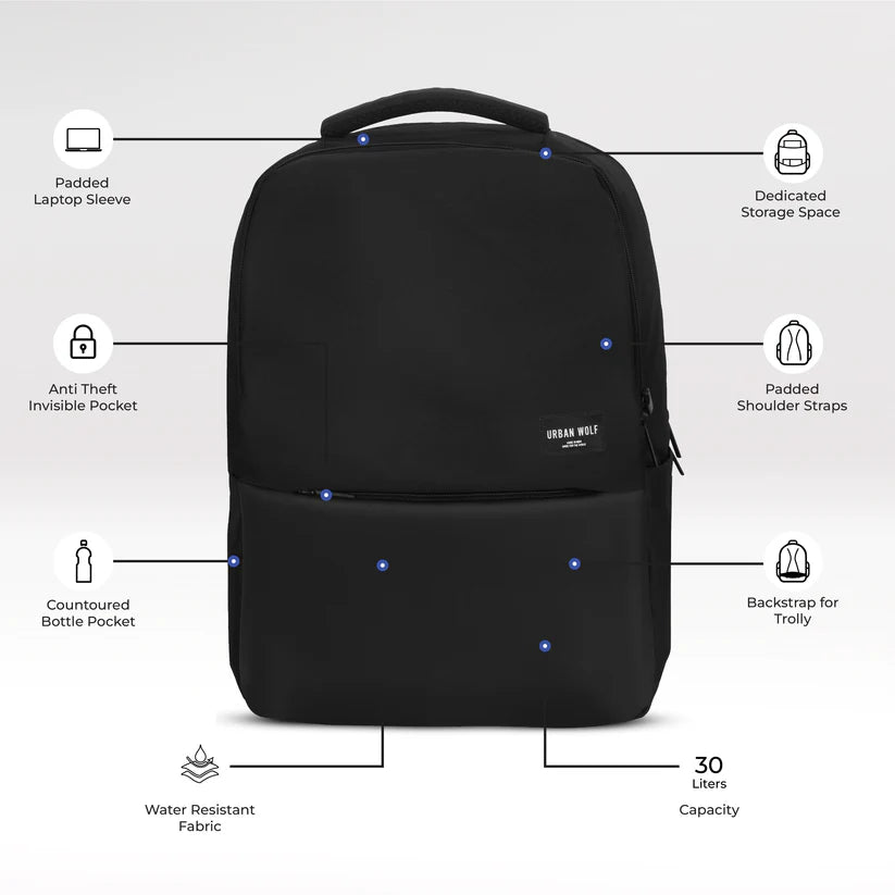 Business Casual 30L Dual Compartment Water Resistant Laptop Backpack (BLACK)