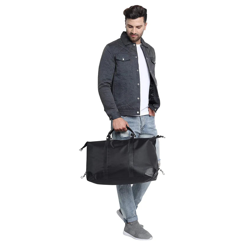 Faux Leather Duffle Bag-Black