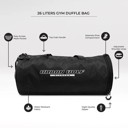 26L Gym Duffle Bag | Unisex Black | Separate Shoe Compartment | Quick Access Pocket | Durable Polyester | Multi-Functional Sports & Travel Bag | Dimensions 49x23x23 cm