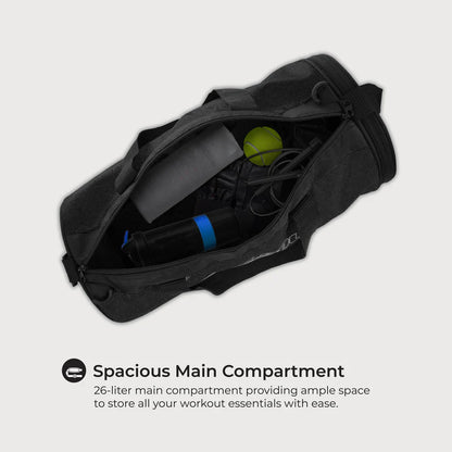 26L Gym Duffle Bag | Unisex Black | Separate Shoe Compartment | Quick Access Pocket | Durable Polyester | Multi-Functional Sports & Travel Bag | Dimensions 49x23x23 cm